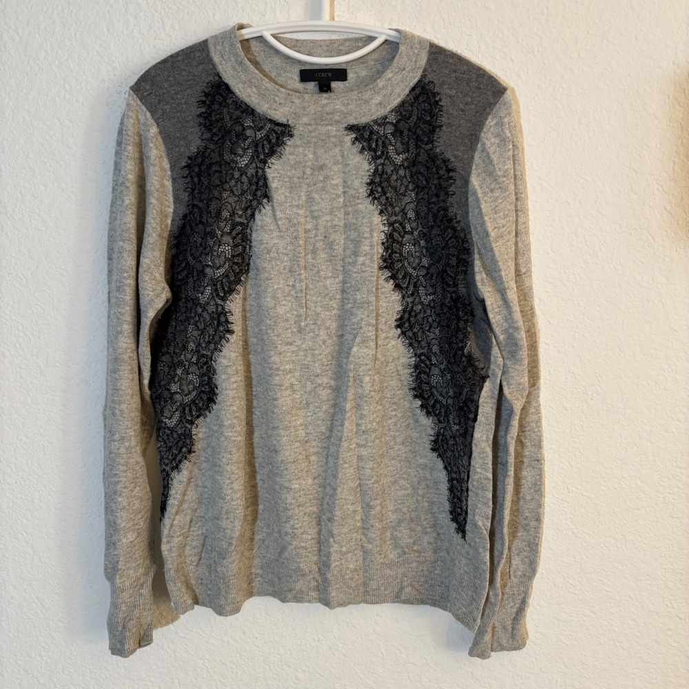 J. Crew Wool Blend Lace Front Sweater Size Medium Gray